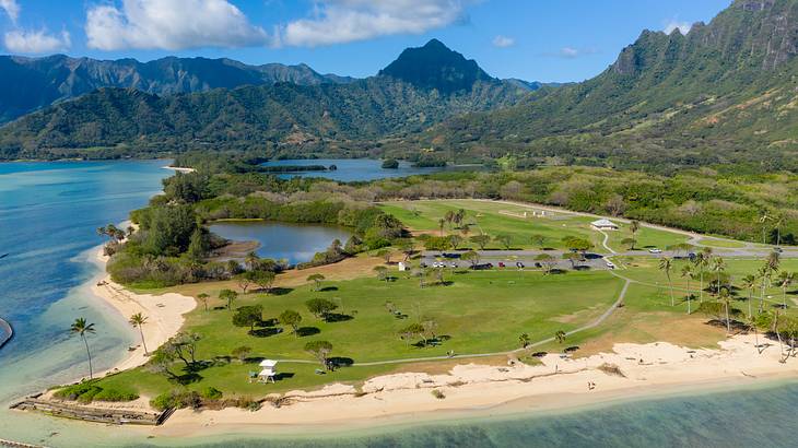 A greenery-covered peninsula with sand on the edge, surrounded by ocean