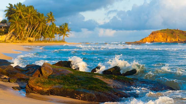 Waves crashing into some rocks along the shore with trees and an island in the back