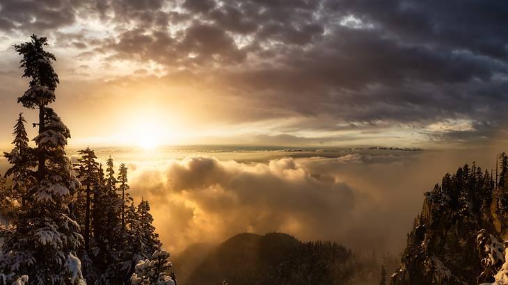 The sun shining through the clouds and trees viewed from the top of a mountain