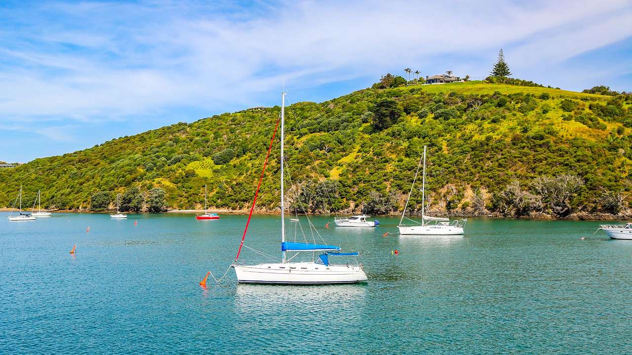Boats on the turquoise water next to a greenery-covered hill