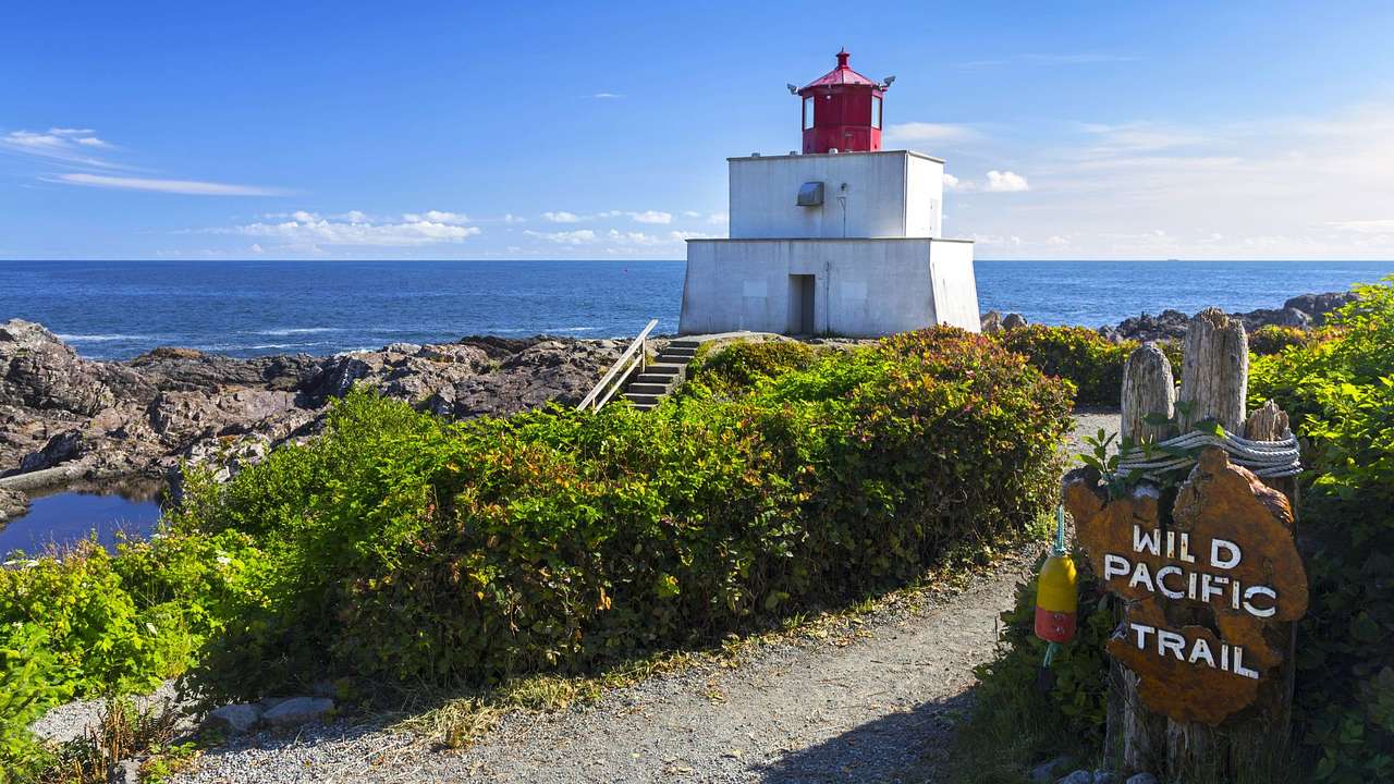 A small white and red lighthouse next to a path, the ocean, greenery, and a sign