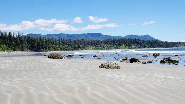 A rocky beach with clear waters framed by trees and mountains on a partly cloudy day