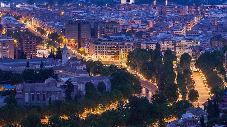 An aerial shot of a city at night