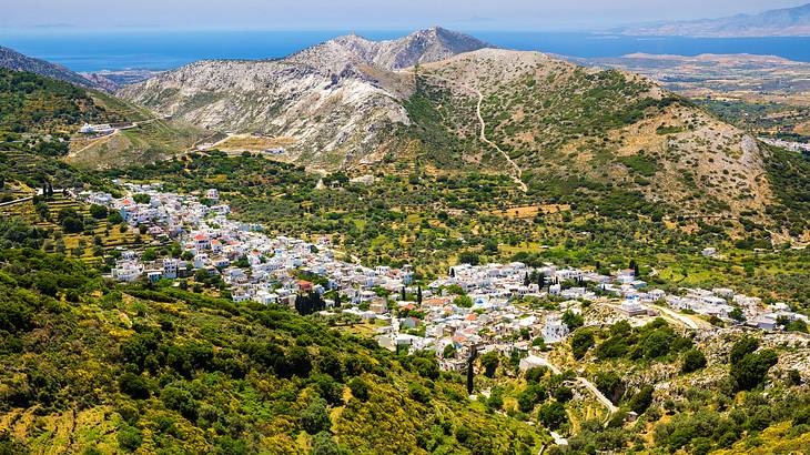 A village with white houses surrounded by forests and mountains