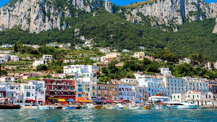 Adjacent mountains near lush rocky mountains and the sea with ships