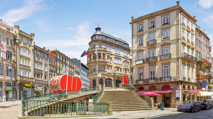 Old buildings near concrete stairs on a bright day