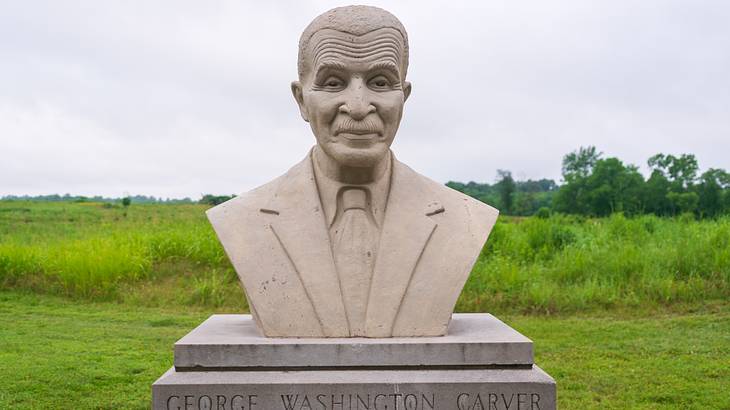 A bust sculpture of a man with green grass surrounding it