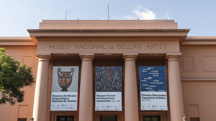 A huge rose building with a flag, three posters in the center, and a tree on the left