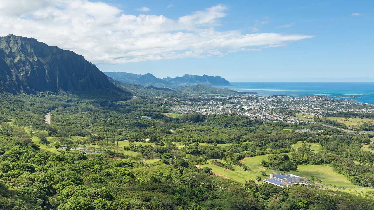 A vast green area with a mountain to the side and ocean in the distance