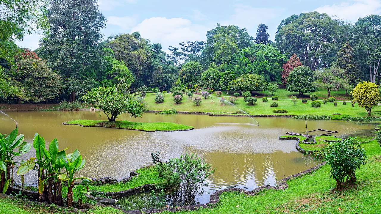 A picturesque pond with green, manicured lawns and trees around