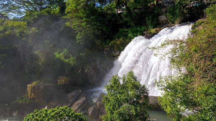 Rushing water falling off a ledge amongst greenery