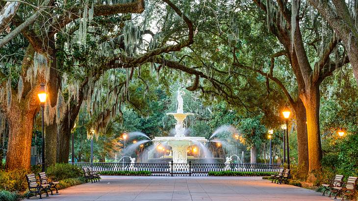 A fountain in a park surrounded by trees as seen from a path