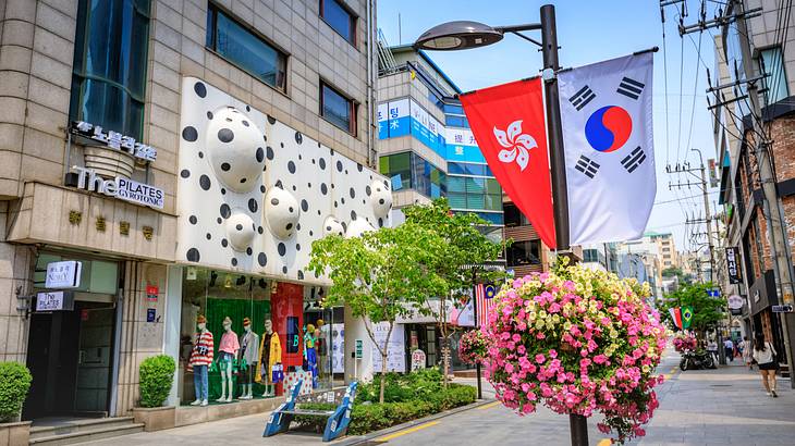 A street with shops and a street lamp with flowers and two flags