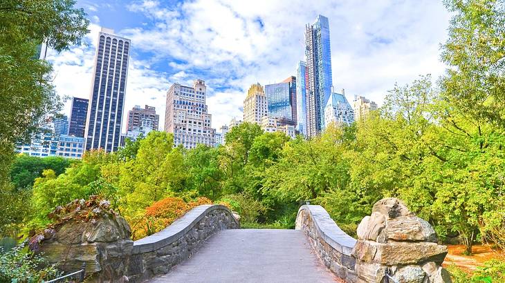 A bridge leading into a park with green trees and buildings in the distance