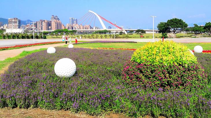A landscaped garden with a city skyline in the background