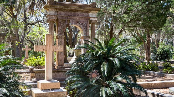 A cemetery with stone crosses and palm trees surrounding them