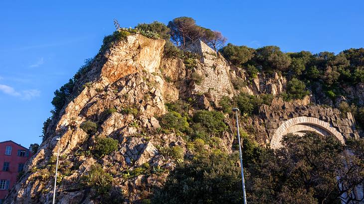 View of a sandstone cliff with green trees on it, Castle Hill, Nice, France