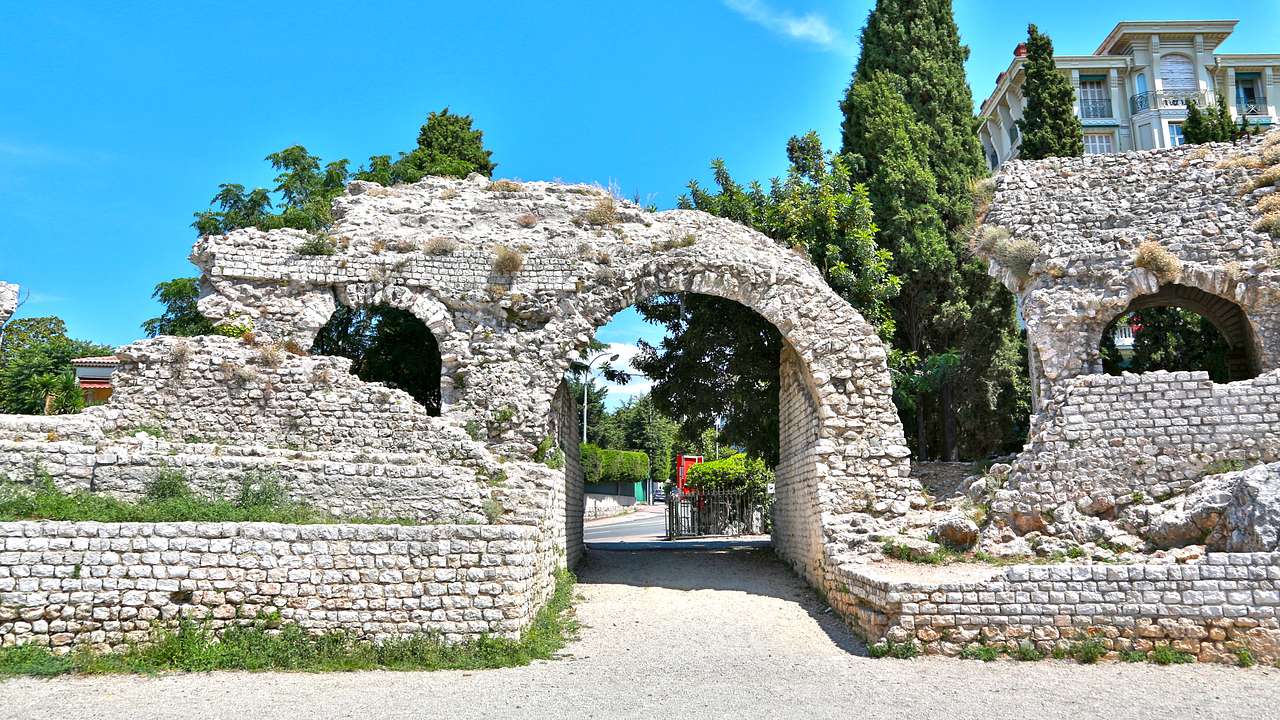 A view of old Roman ruins in a park in Nice, France