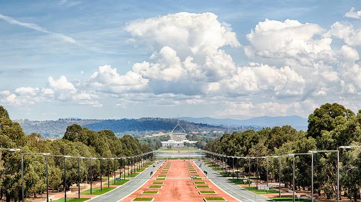 Australian War Memorial between trees, Canberra, Australia