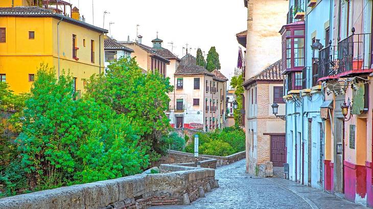 A cobblestone street with multi-colored buildings and greenery on either side