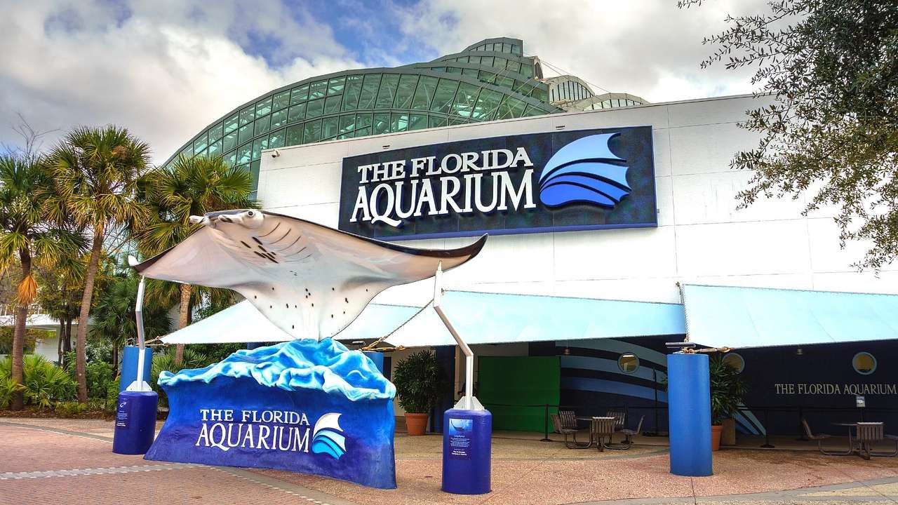 An aquarium building with a stingray sculpture and "The Florida Aquarium" sign