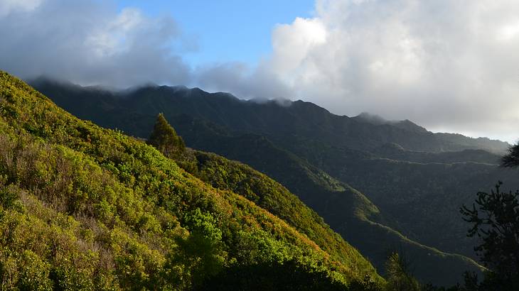 A greenery-covered mountain range under a blue sky with clouds