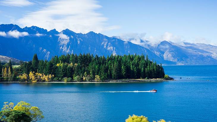 A lake beside a green forest with distant view of mountains on a partly cloudy day