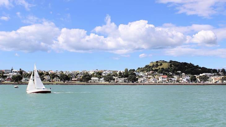 A boat sailing the sea with a suburb skyline in the background