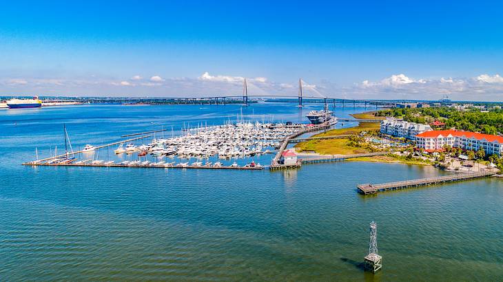 Aerial shot of docked boats, boardwalk and riverside buildings surrounded by greenery