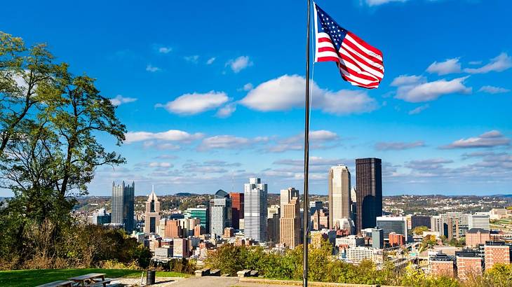 An American flag flying in a park with a skyline in front of it