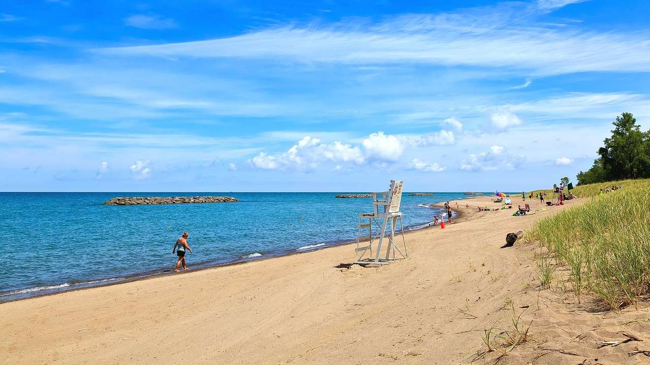 A sandy beach with a wooden lifeguard's chair and greenery next to the ocean