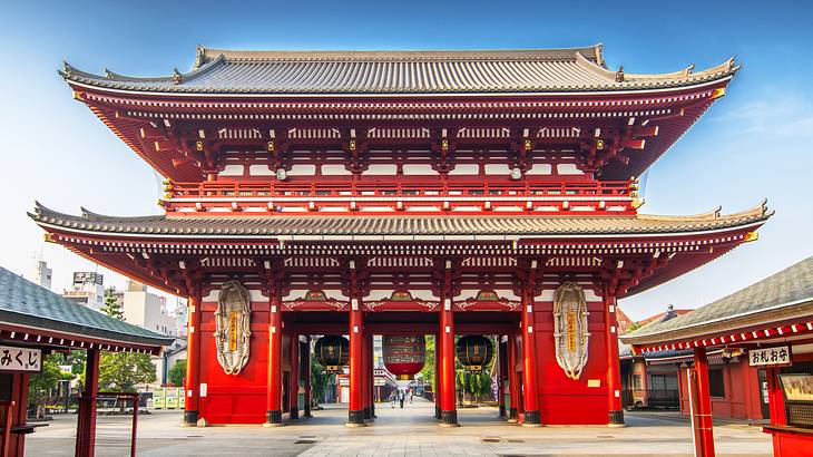 Bright red temple under a blue sky