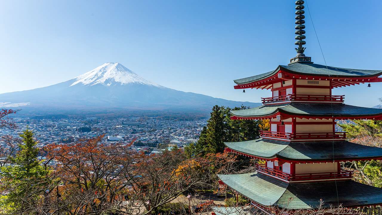 A tall snow-capped mountain at the back with a city, trees and a pagoda in front