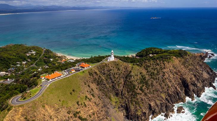 Byron Bay Lighthouse on a hill from above, NSW, Australia