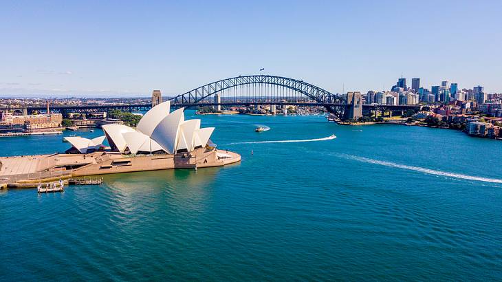 Sydney Opera House and bridge in the background, New South Wales, Australia