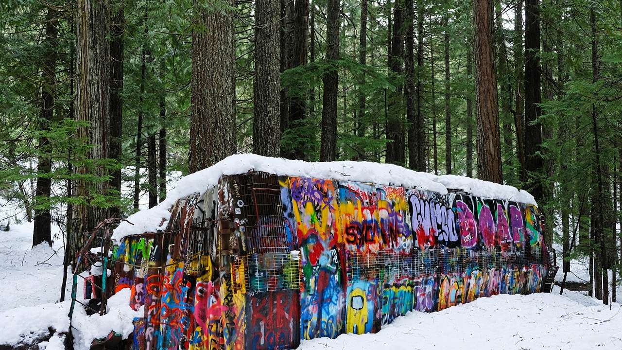 An abandoned railway car covered in colorful graffiti in a snowy forest