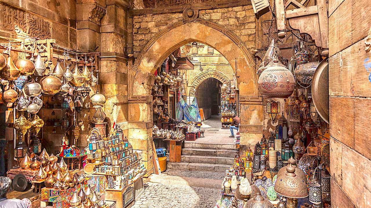 Egyptian lamps and other items on display at a market in Cairo