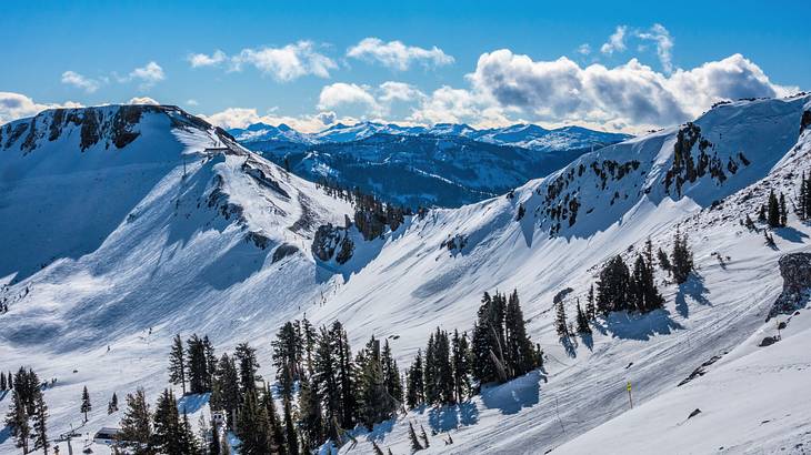 Snow-covered steep mountains with trees on a sunny day