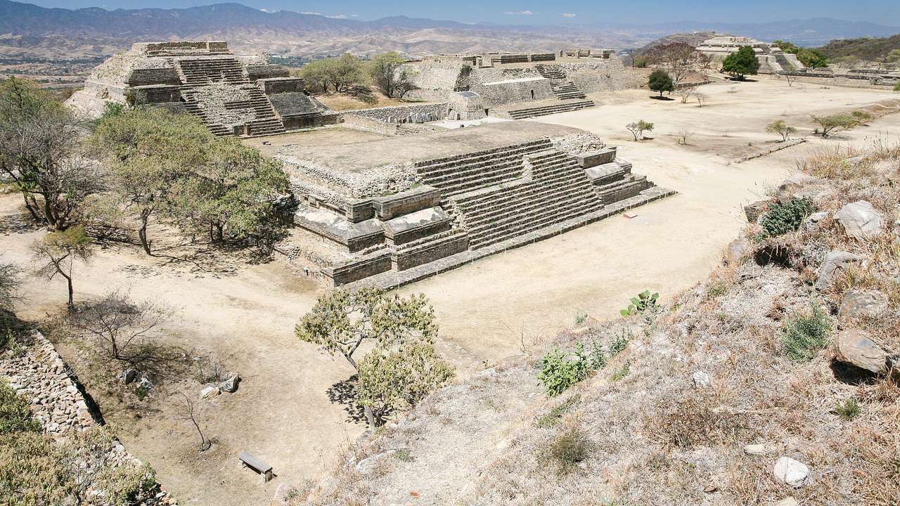 Truncated pyramids and large staircases surrounded by dry trees and shrubs