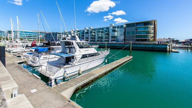 A pier with several boats parked alongside it and some buildings across the water