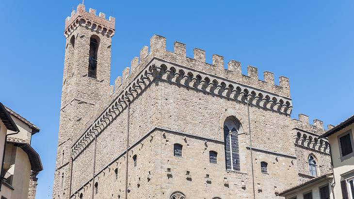 The exterior stone of the Bargello Museum in Florence on a clear day
