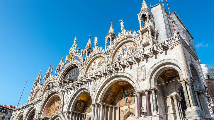 Saint Mark's Basilica's façade with its amazing details from below