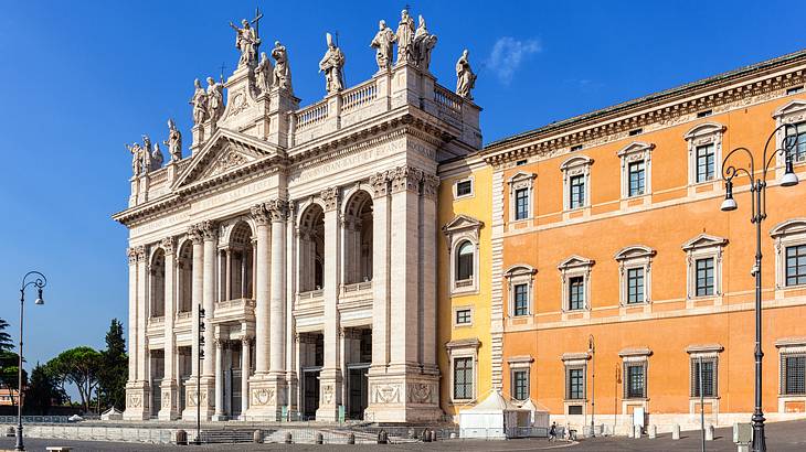 The outside architecture of a basilica on a clear sunny day