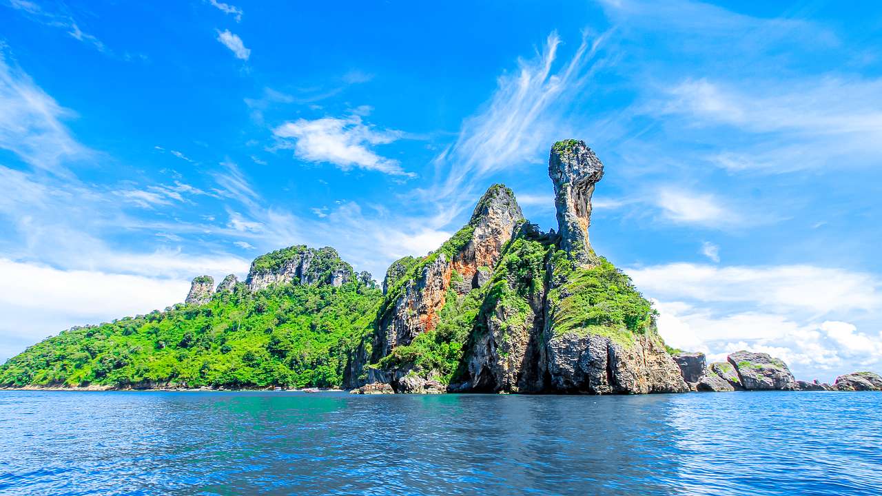 A small, lush rocky island next to the ocean under a blue sky with clouds