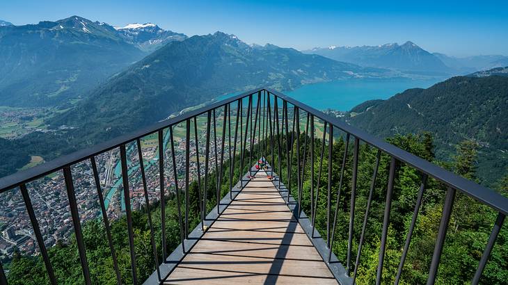 A viewing deck overlooking a mountain range, a body of water, buildings, and trees