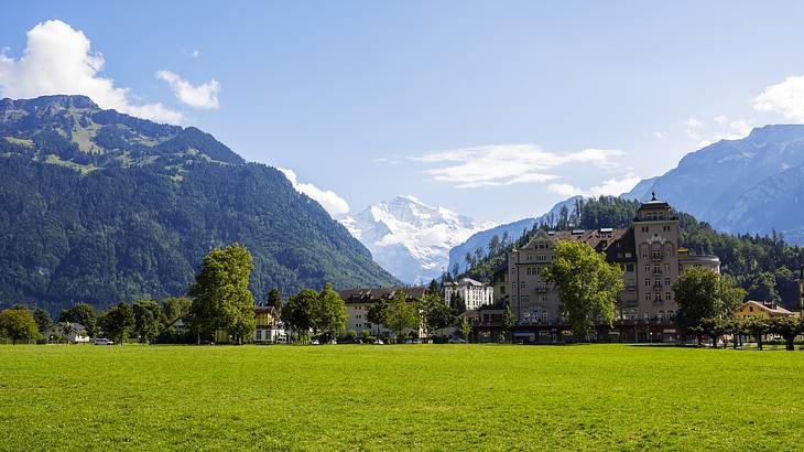 A park bordered by historic buildings, a mountain range, and a partly cloudy sky