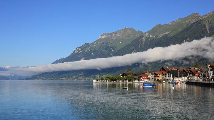 A body of water with a harbor, houses, and a mountain range in the distance