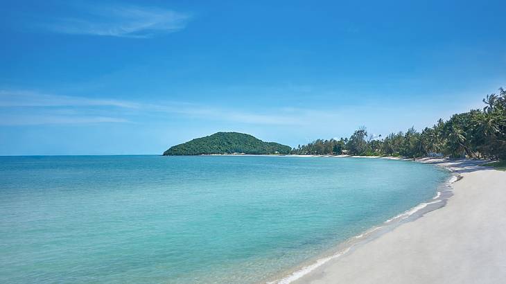 A beach cove with blue water near trees and a hill with greenery on it