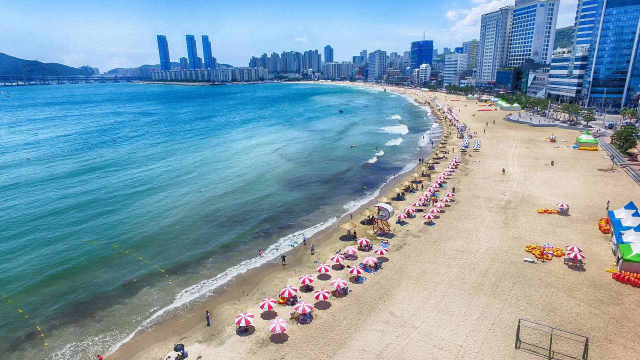 Aerial shot of a beach with umbrellas near skyscrapers