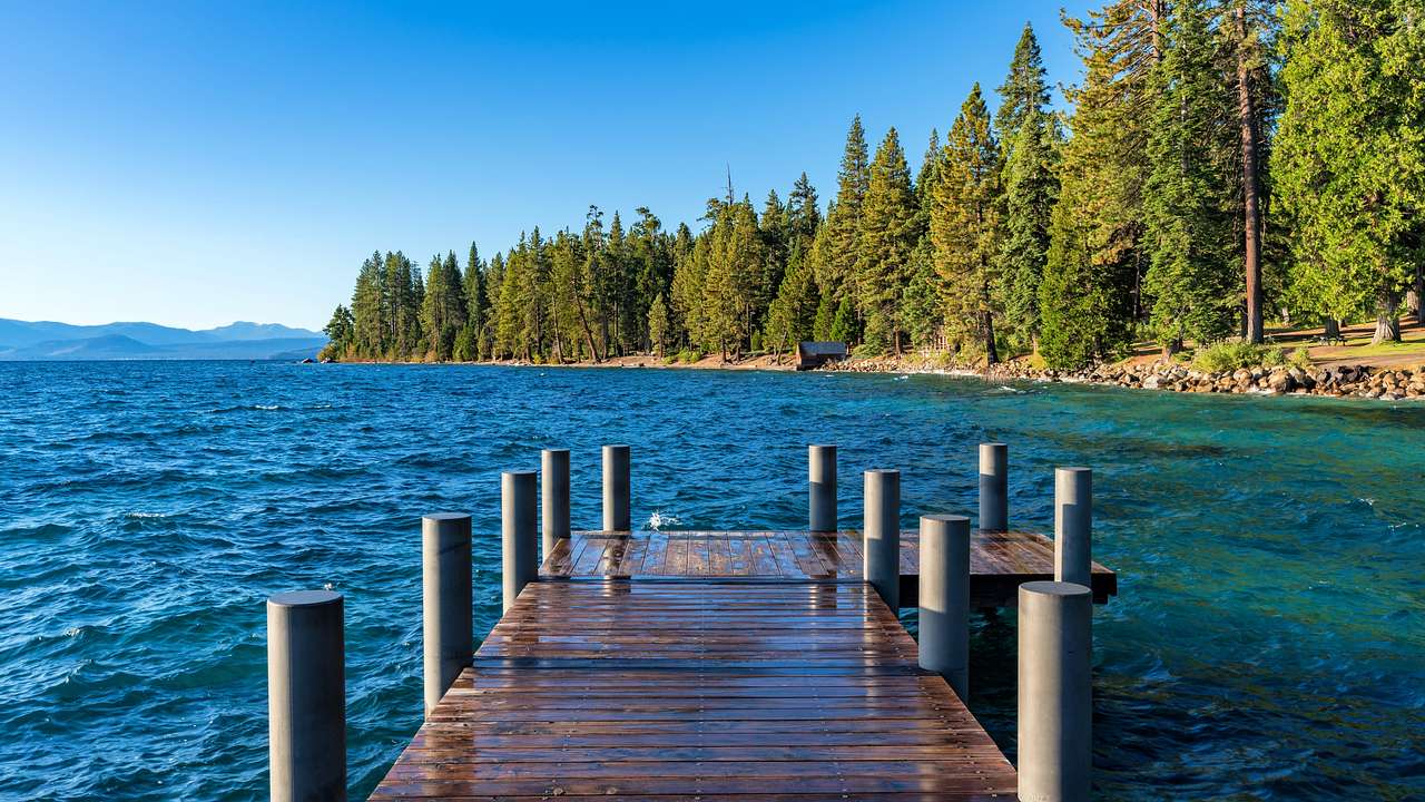 A view of the lake near a forest from a small wooden dock